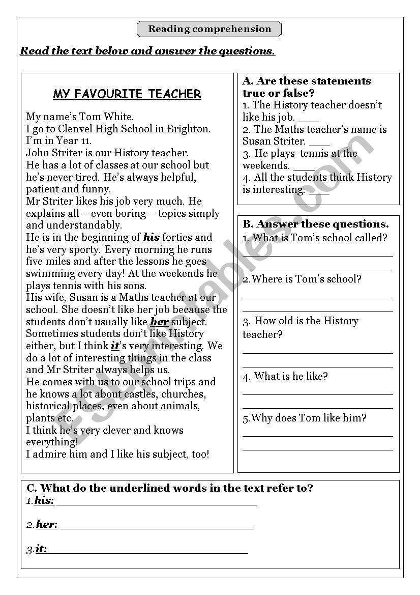 My favourite teacher worksheet
