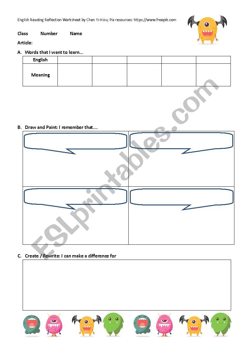 English Reading Reflection Worksheet