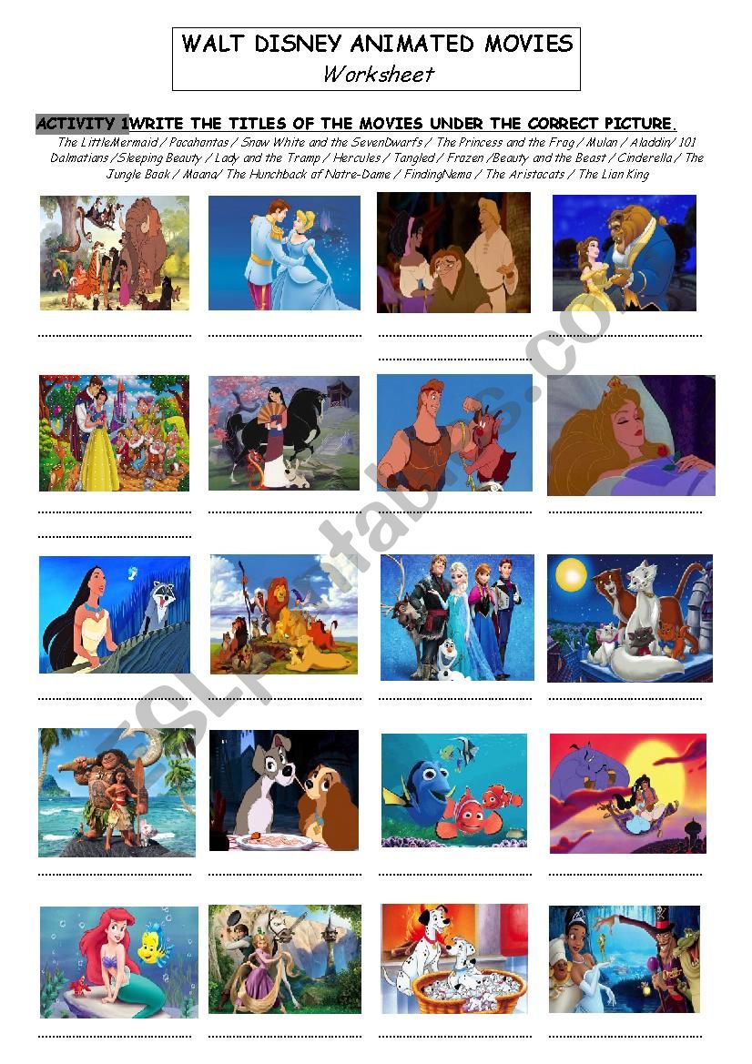 Walt Disney animated movies - ESL worksheet by Jennilee10