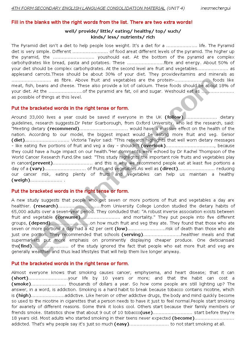 consoldation tasks 4 th form  worksheet