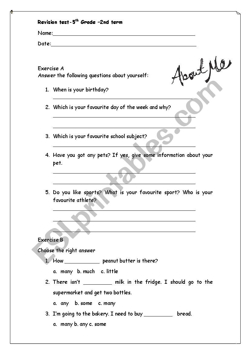 Revision test-5th grade-food worksheet