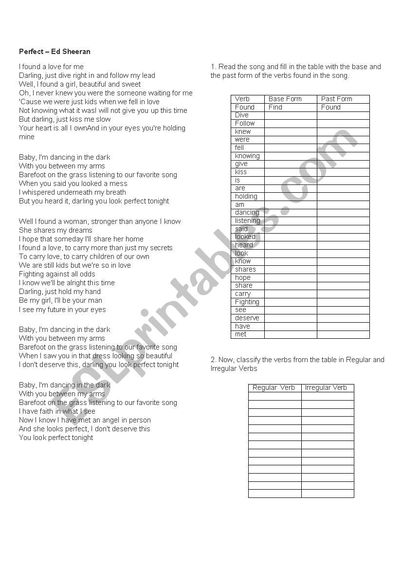 Perfect - Ed Sheeran worksheet