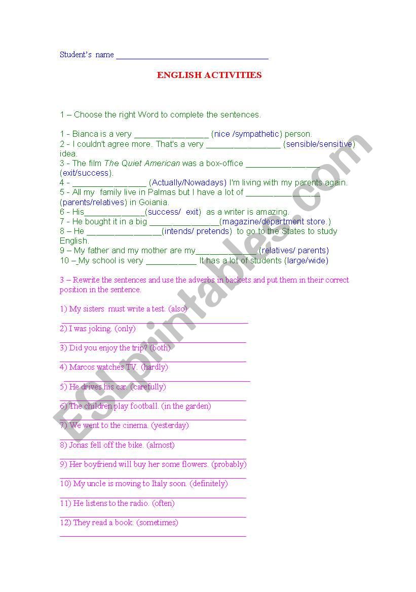 Adverbs/falsecognates worksheet