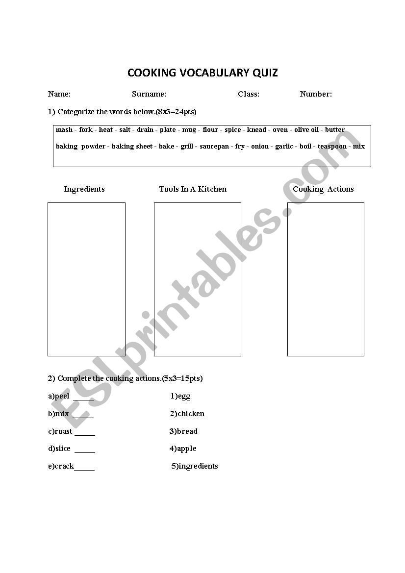 cooking vocabulary worksheet