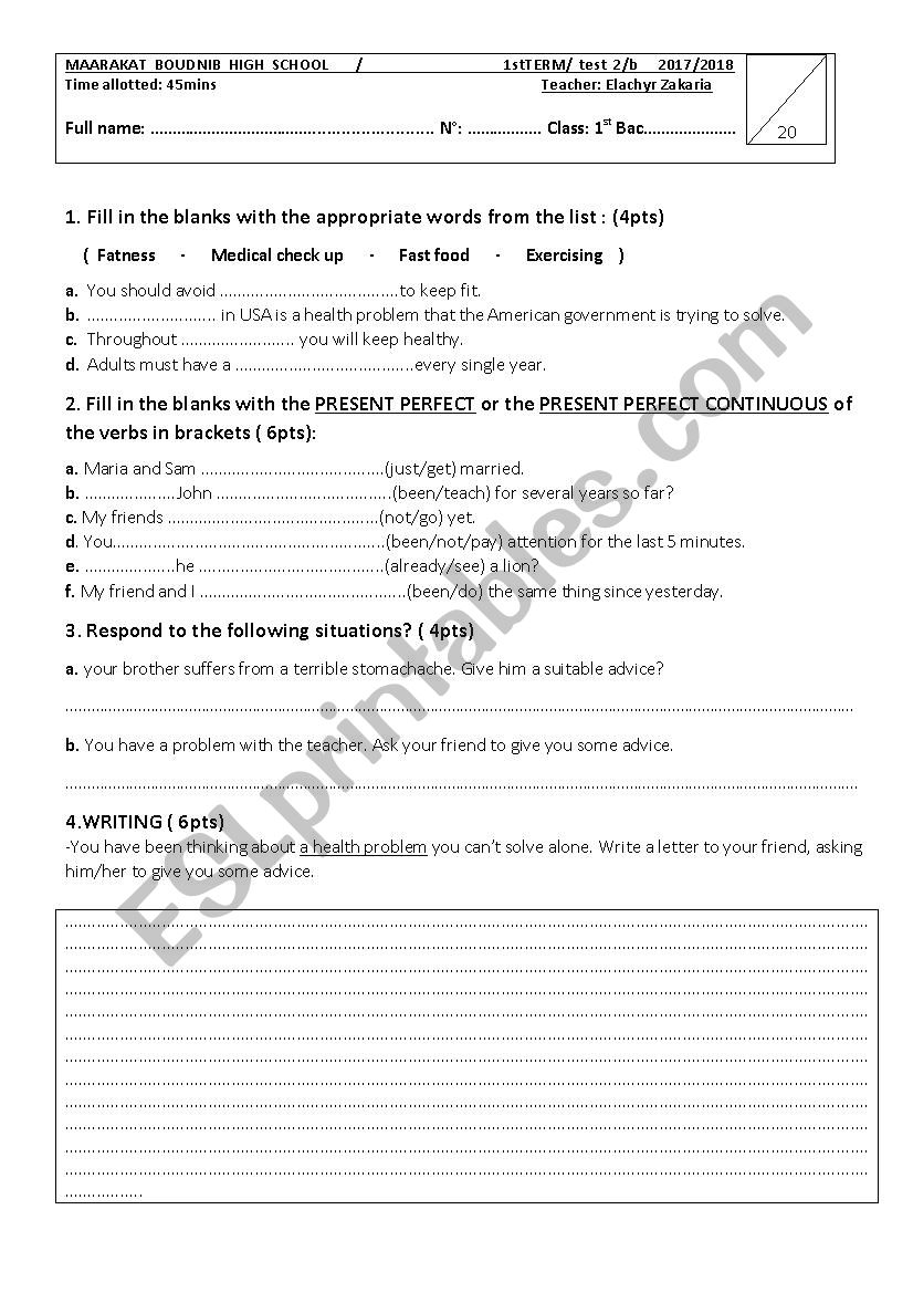 test 1st bac-sh sample worksheet