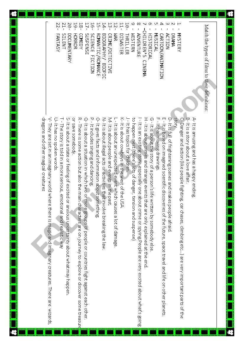 Match movie genres worksheet