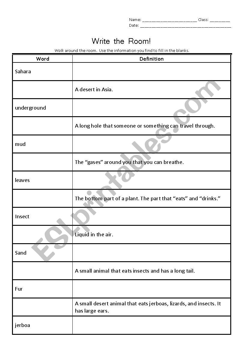 Desert Write the Room  worksheet