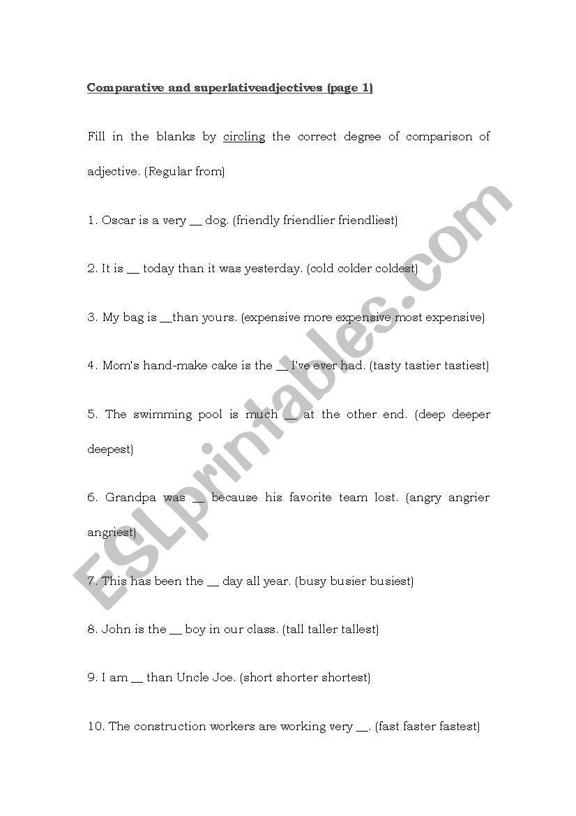 Comparative and Superative worksheet