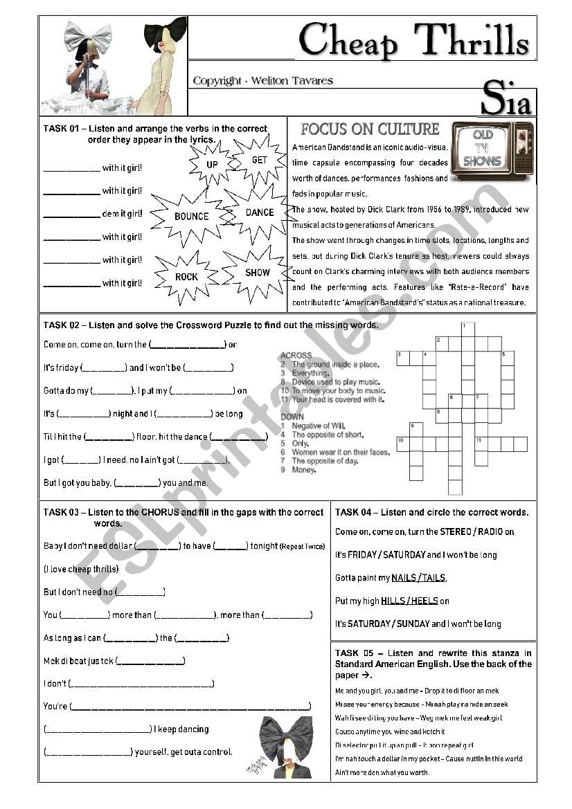 SONG WORKSHEET - CHEAP THRILLS - SIA