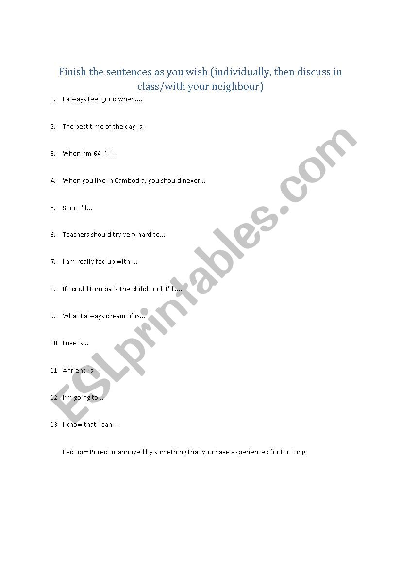 Finishing the sentences  worksheet