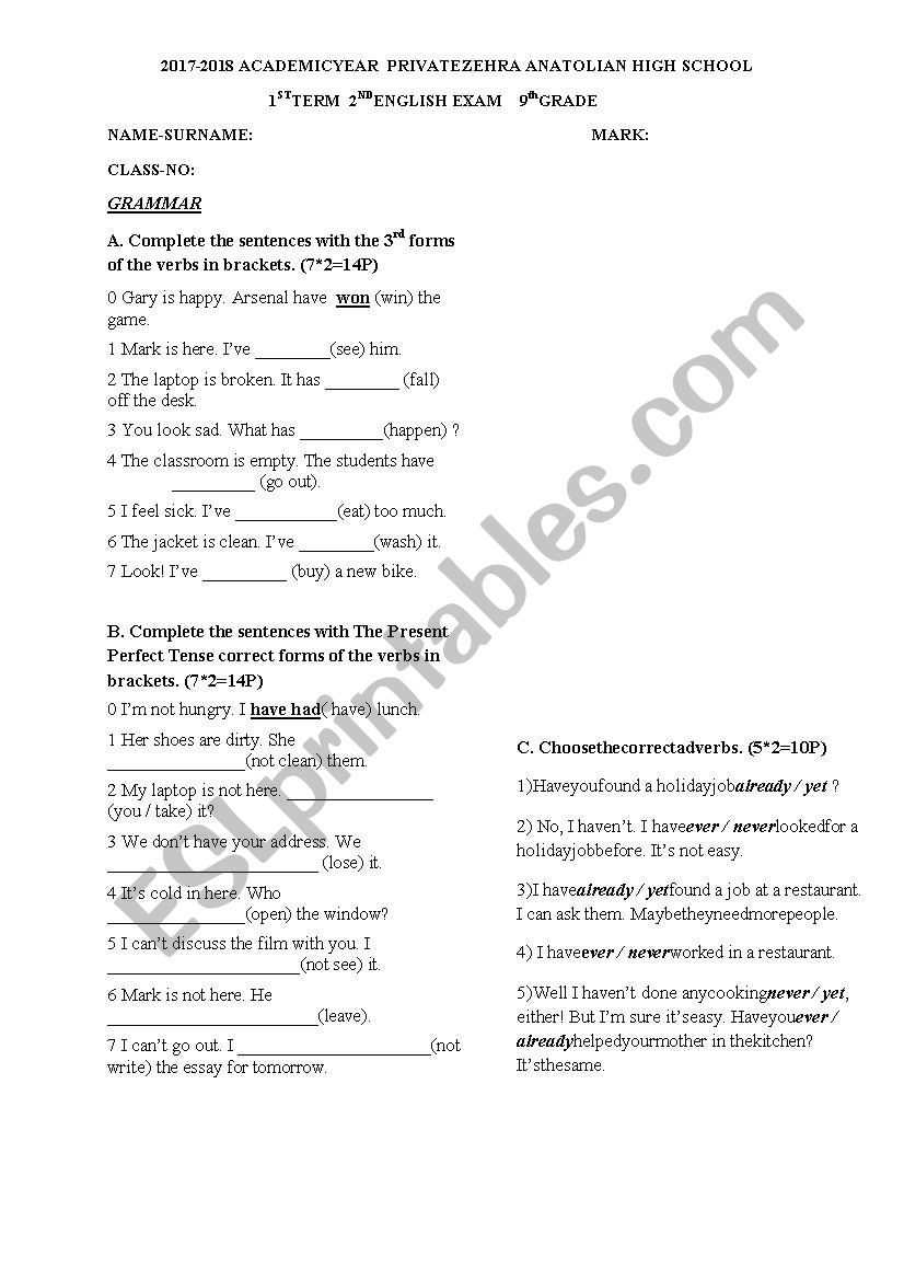 A2 Second Exam worksheet