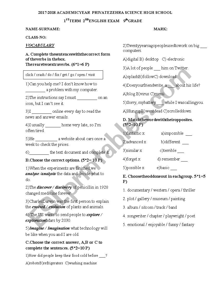 B1 Second exam worksheet