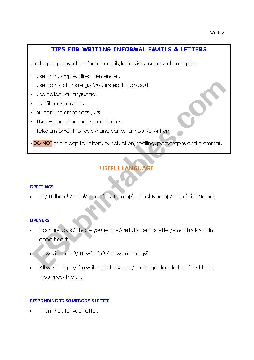 Useful Language for Informal Emails & Letters