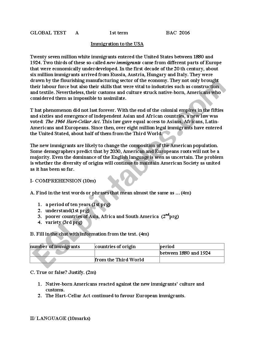 global test bac 1st term worksheet