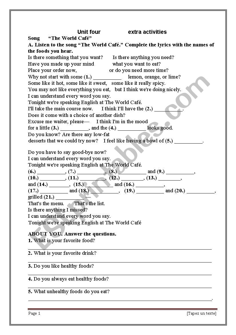 The World Cafe   worksheet