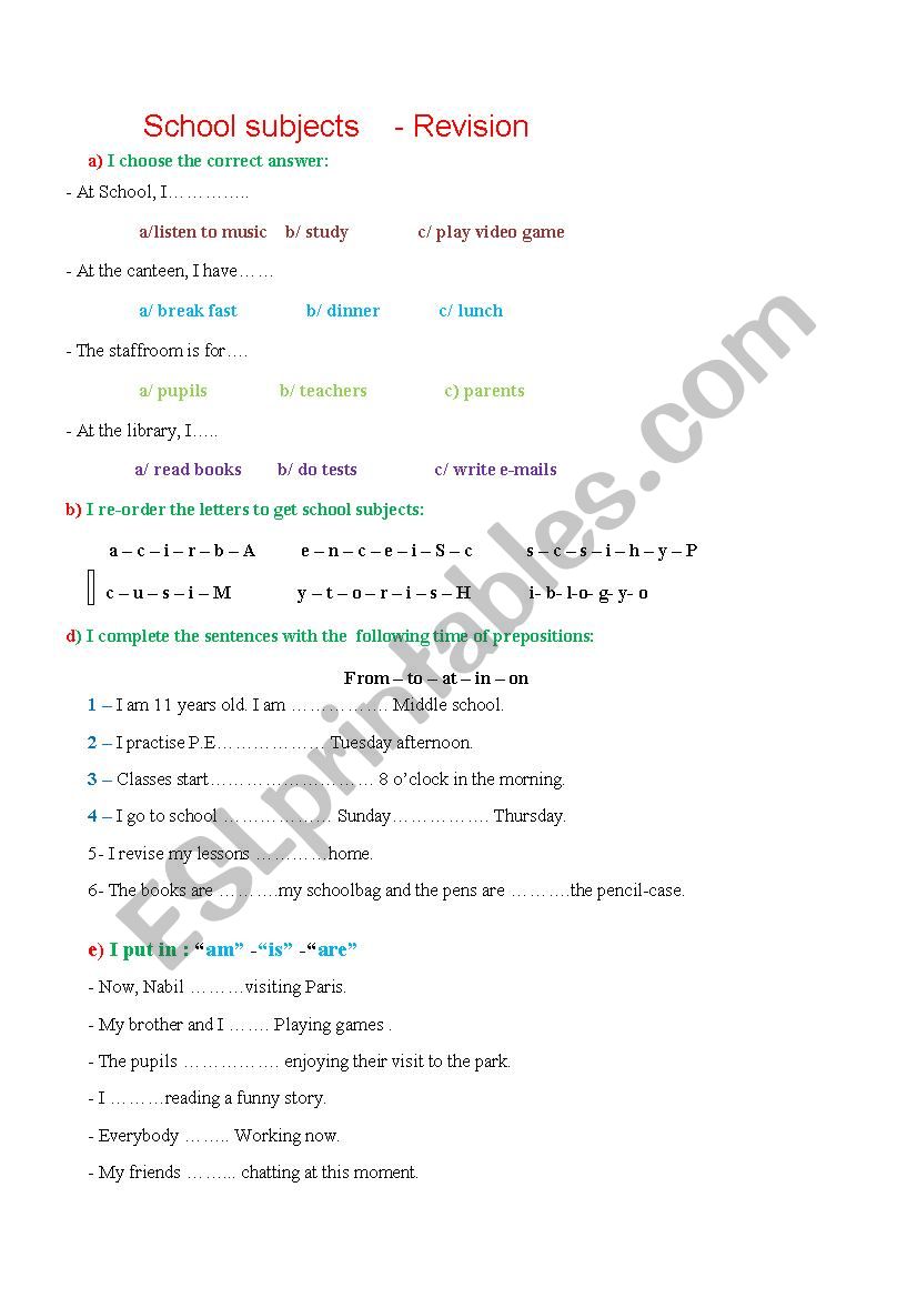 school subjects for beginners worksheet