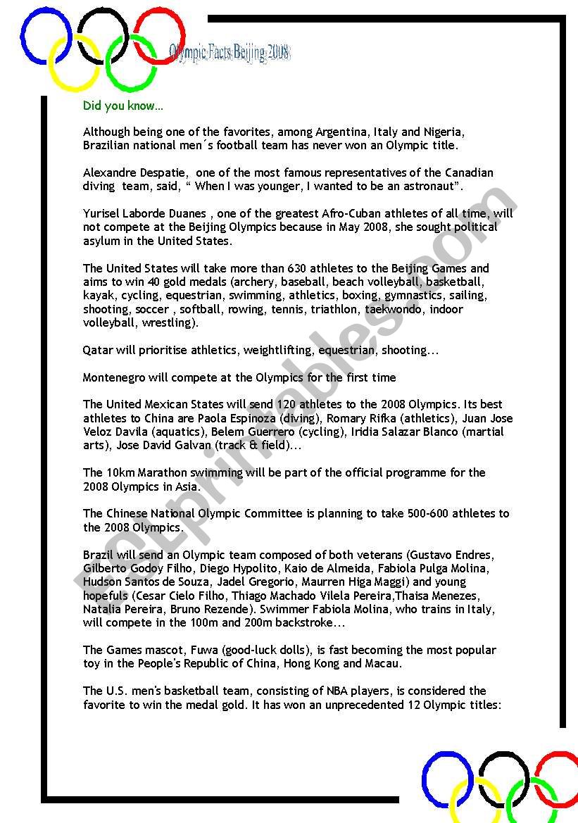 Beijing 2008 Olympics Facts worksheet