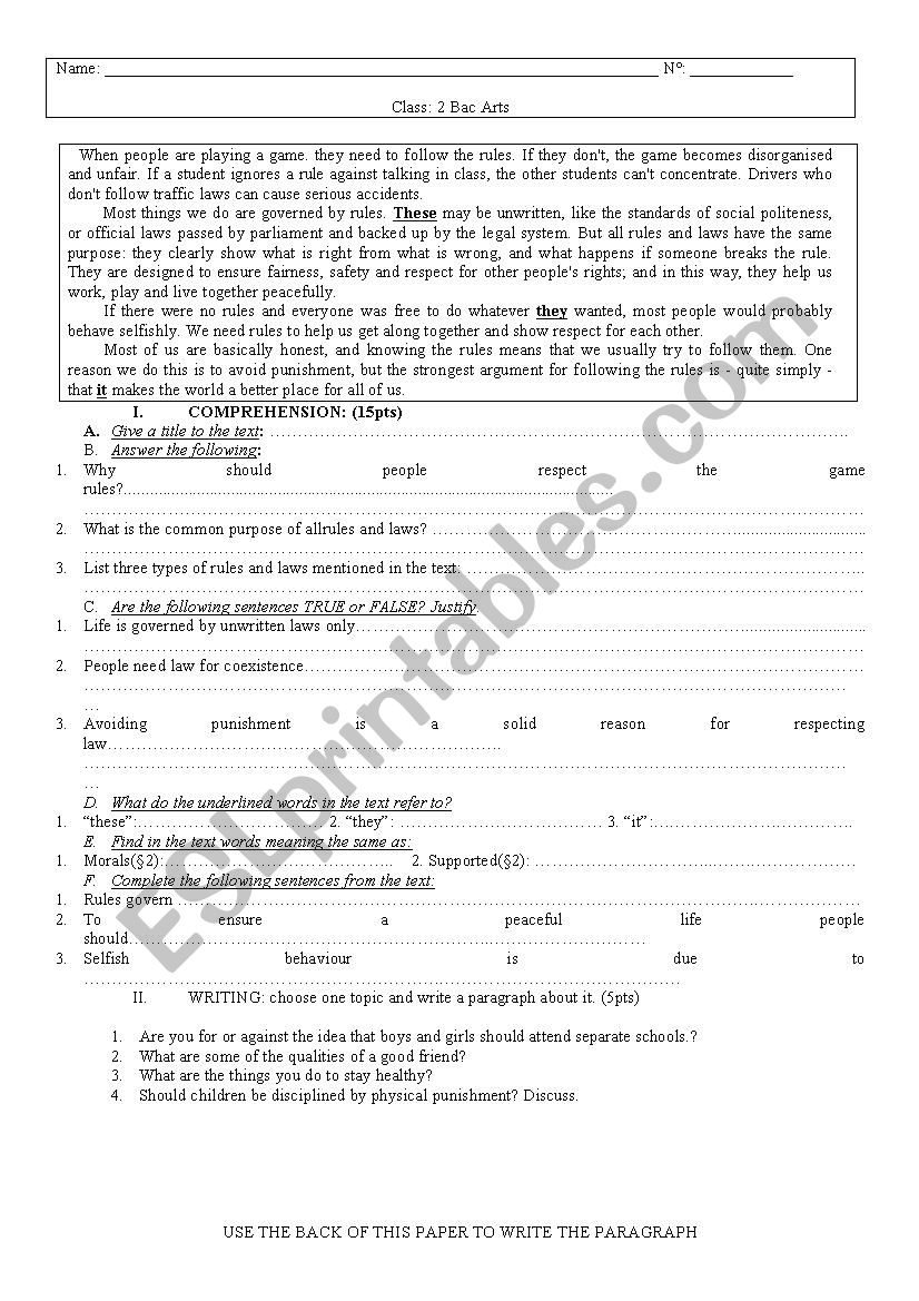 a test for second Baccalaureate Moroccan Students