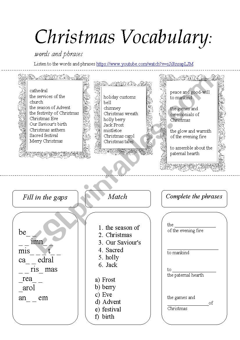 Christmas Vocabulary (listening? useful phrases, exercises)