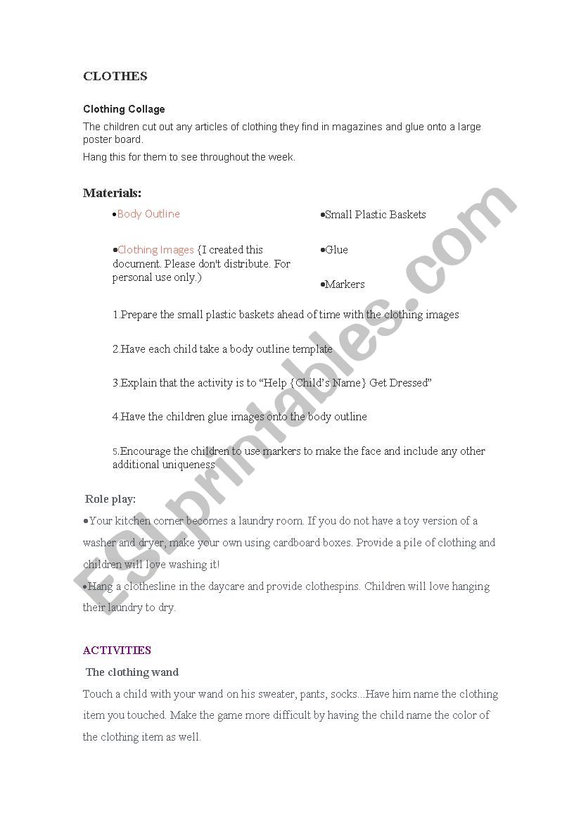 Clothes lesson plan worksheet