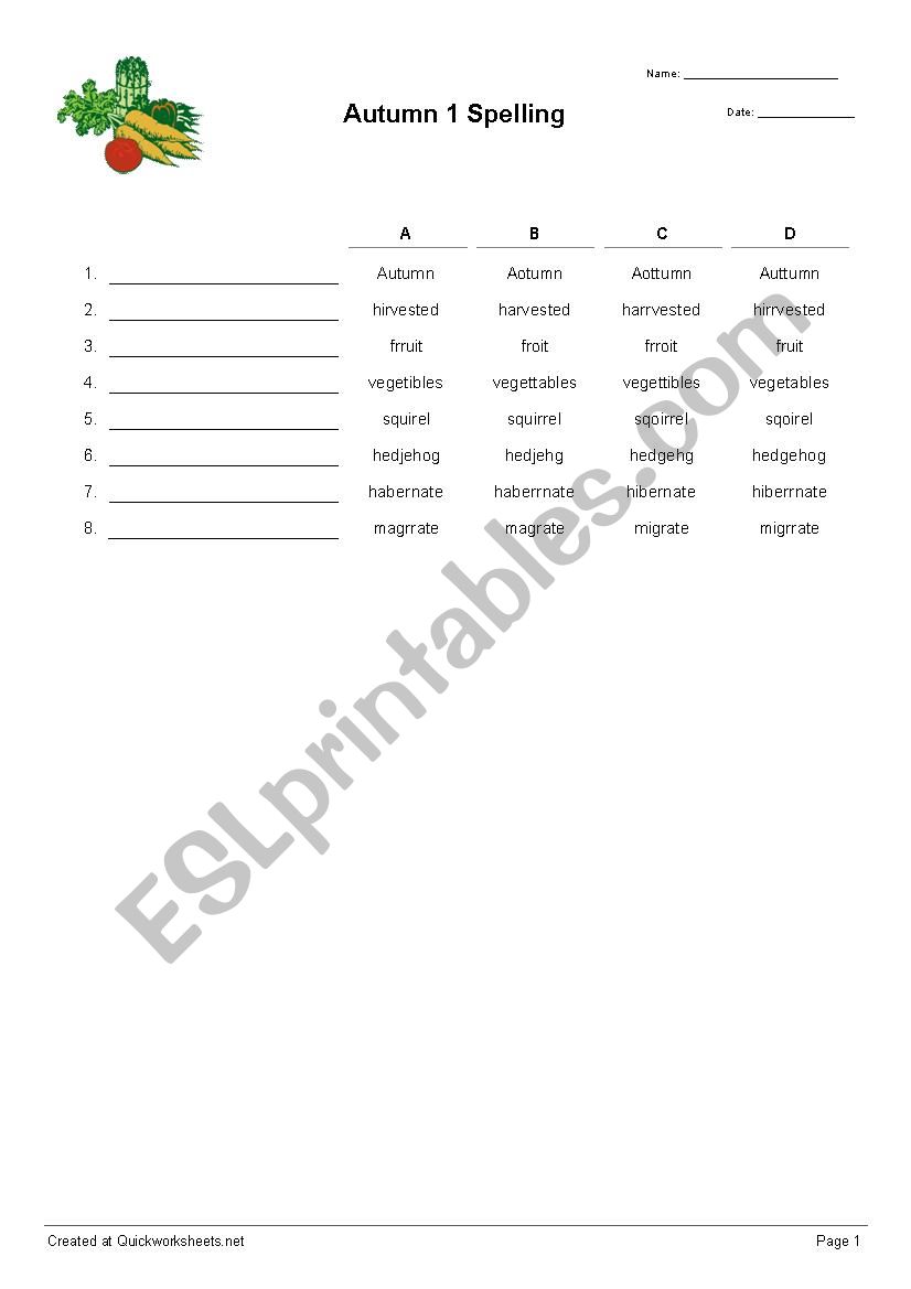 Autumn Words - spelling worksheet