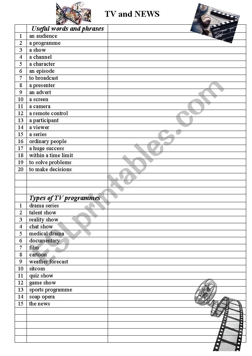 TV and TV programmes worksheet