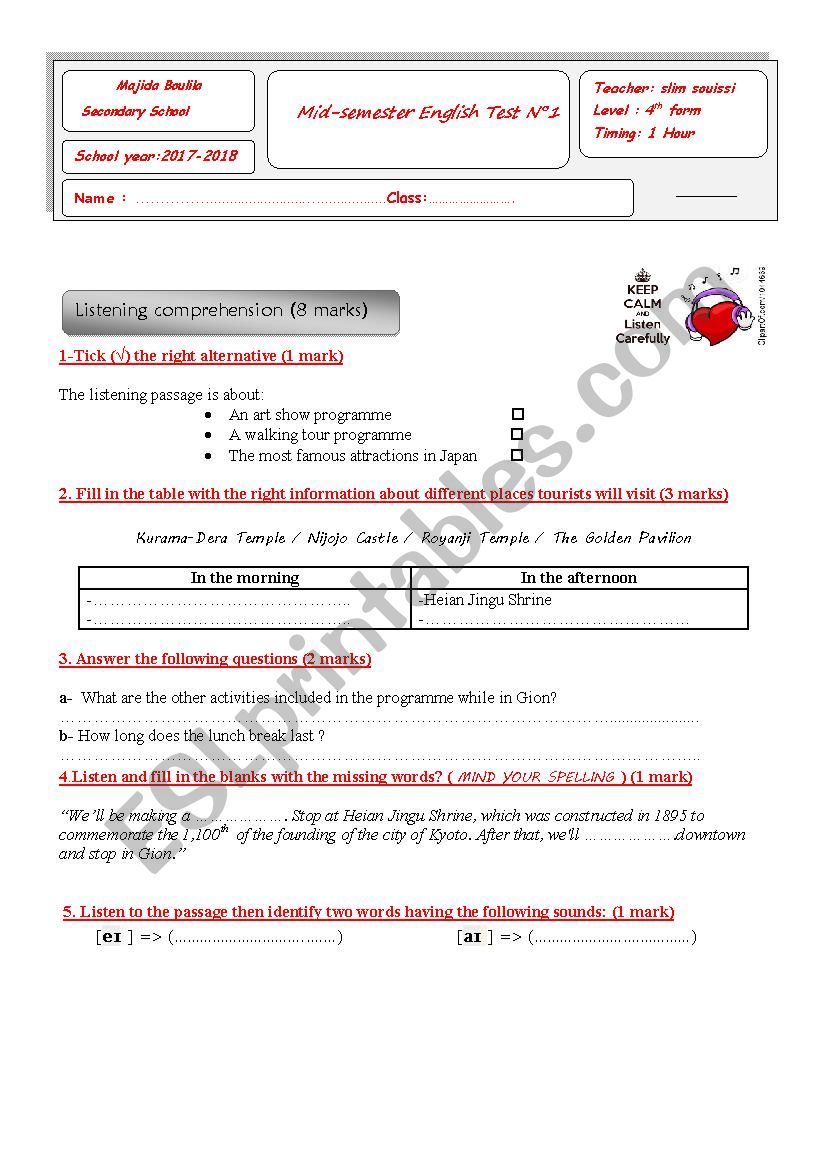 mid-semester test worksheet