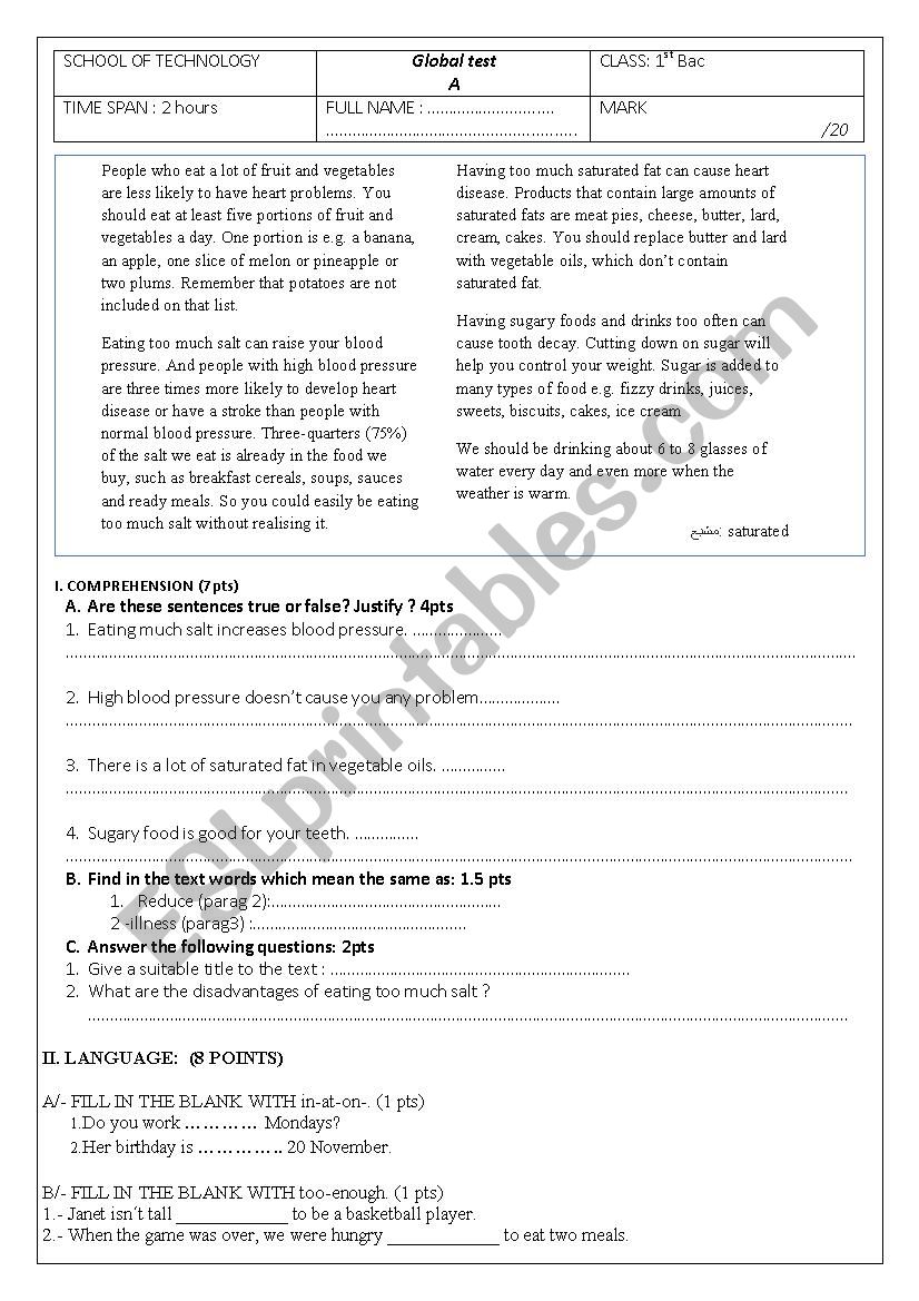 Global test for 1st bac -A- worksheet