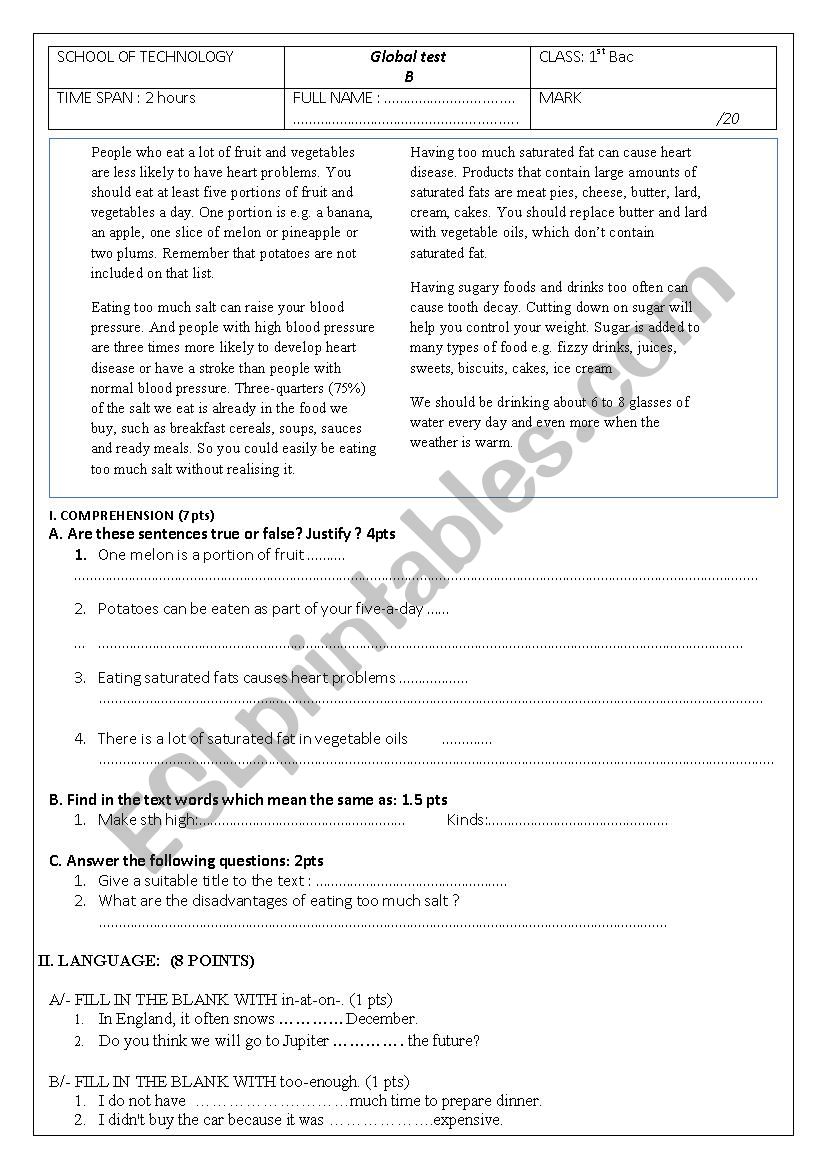 Global test for 1st bac -B- worksheet