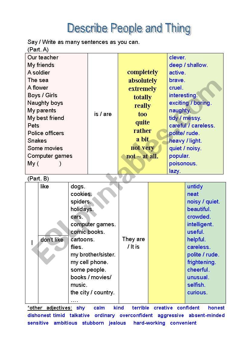 Describe People and Things worksheet