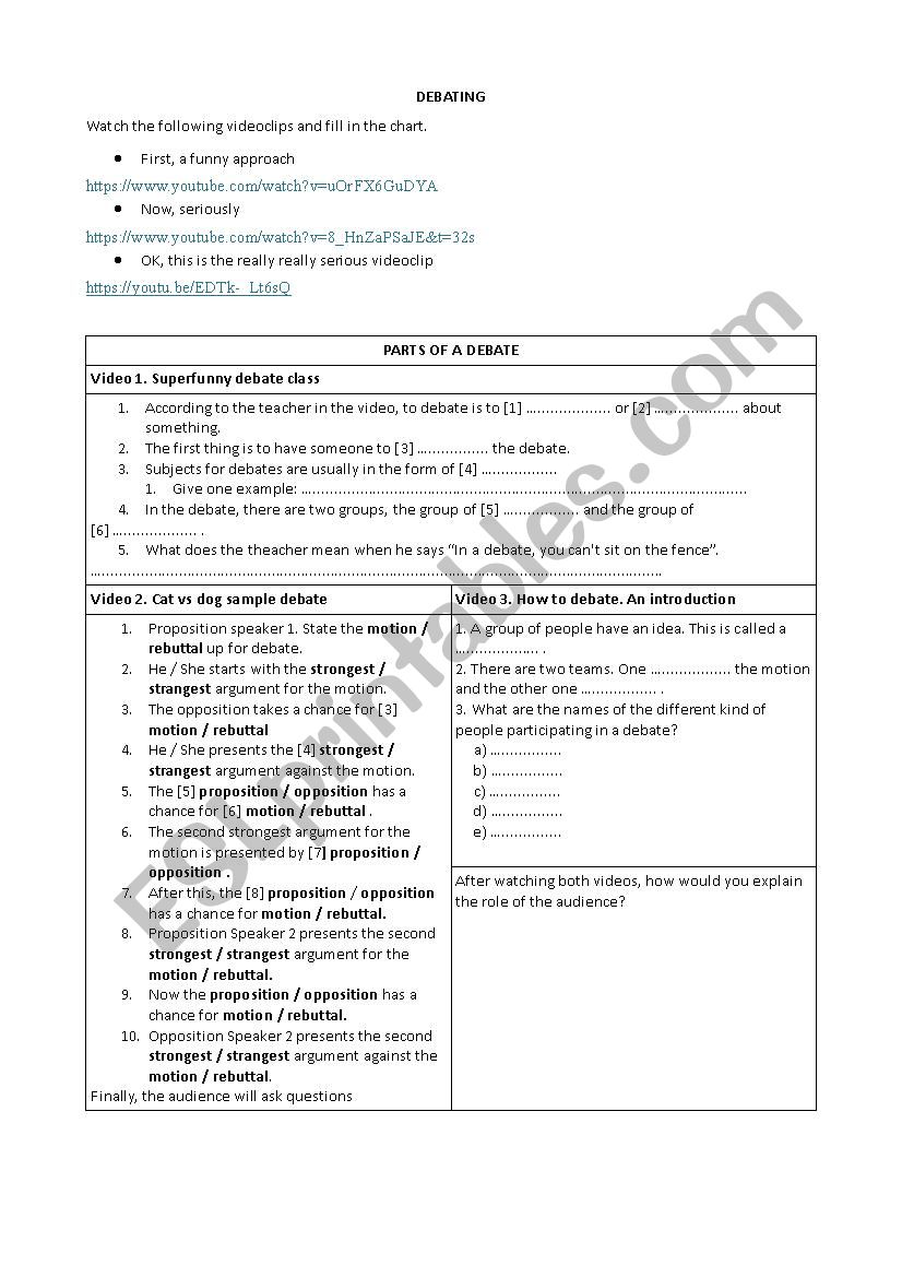 ELEMENTS OF A DEBATE worksheet