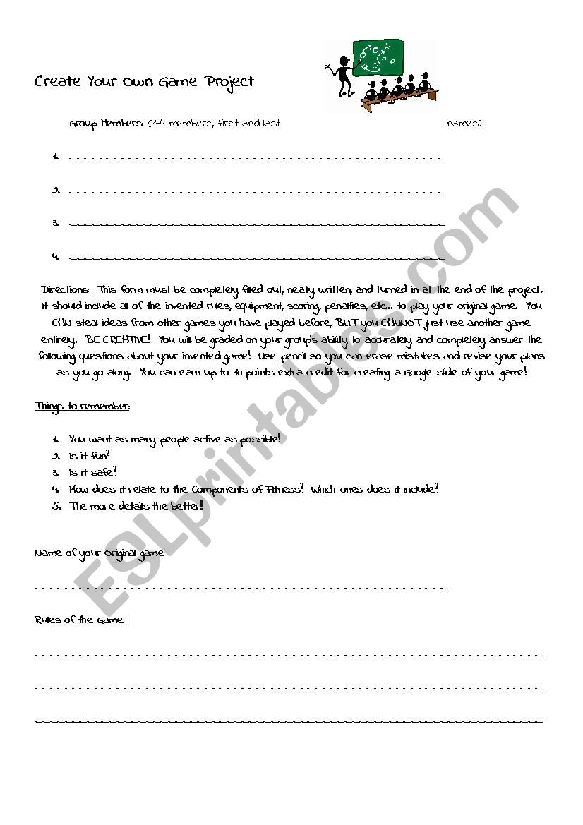 Create a Game Project worksheet