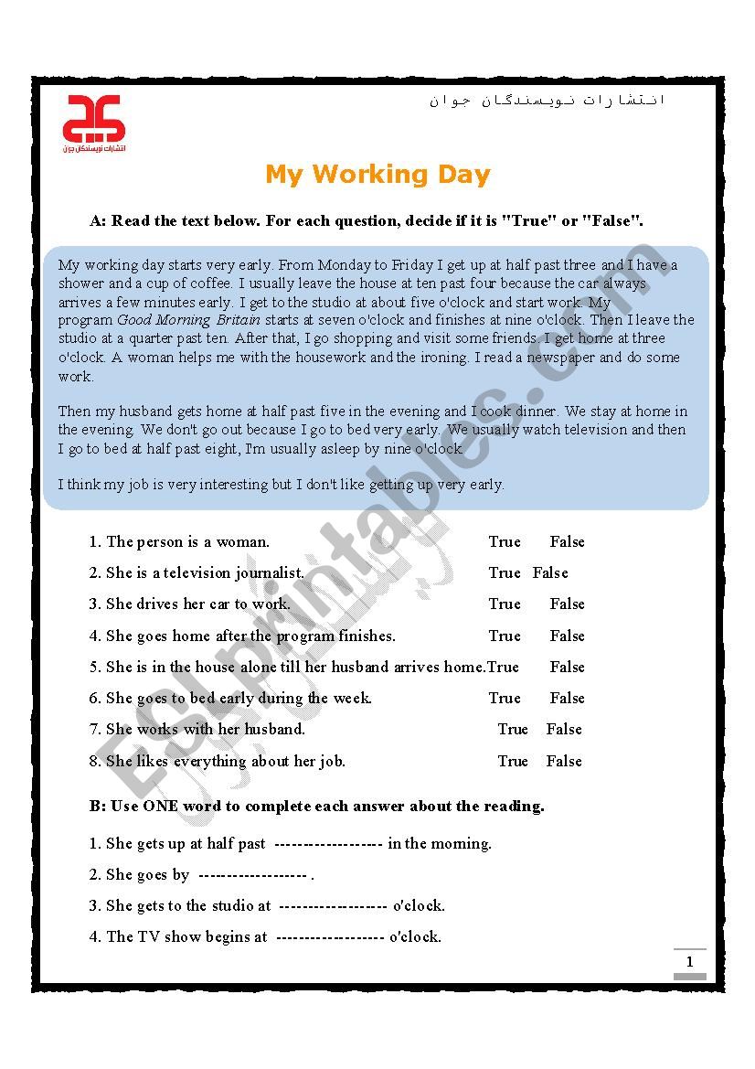 My Working Day worksheet