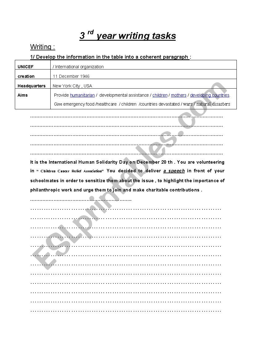 3rd form writing tasks - ESL worksheet by anoussa