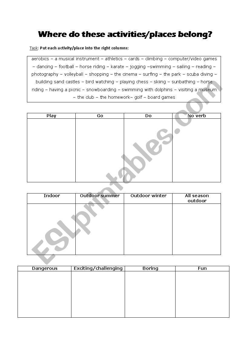 Free time activities worksheet