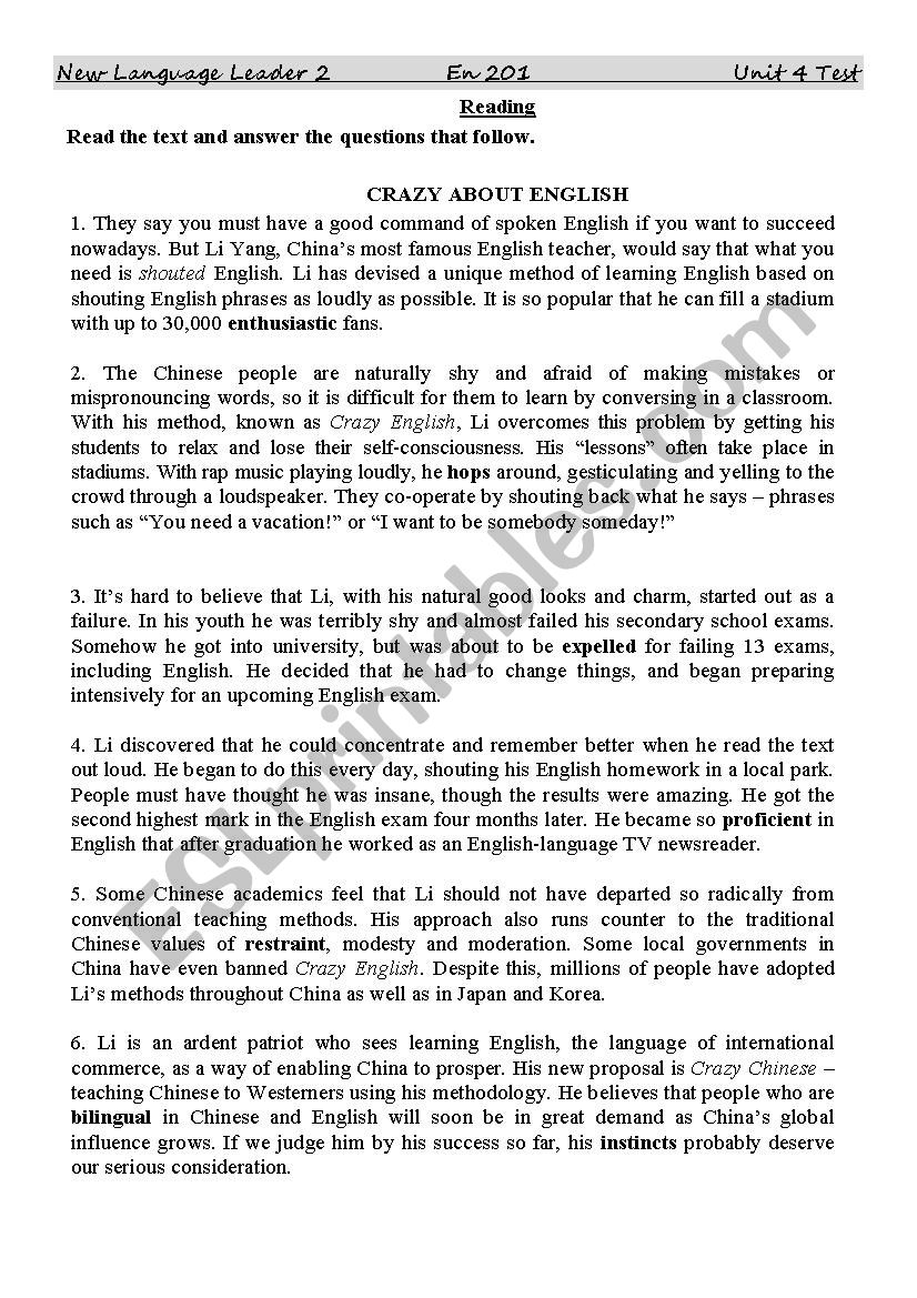 Reading worksheet