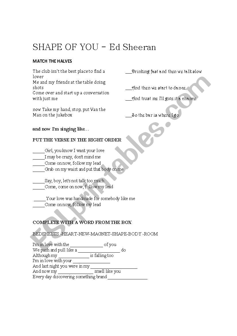 SHAPE OF YOU- ED SHEERAN worksheet