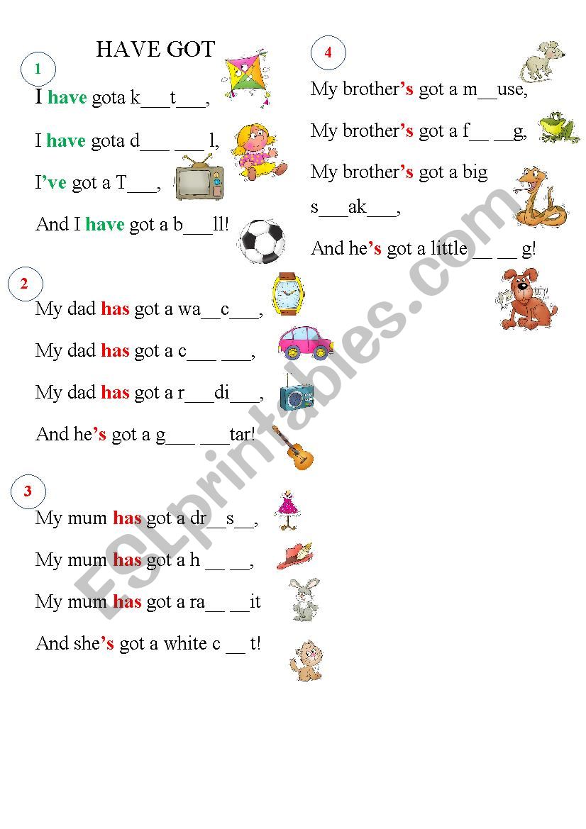 Have got song PART 1 worksheet