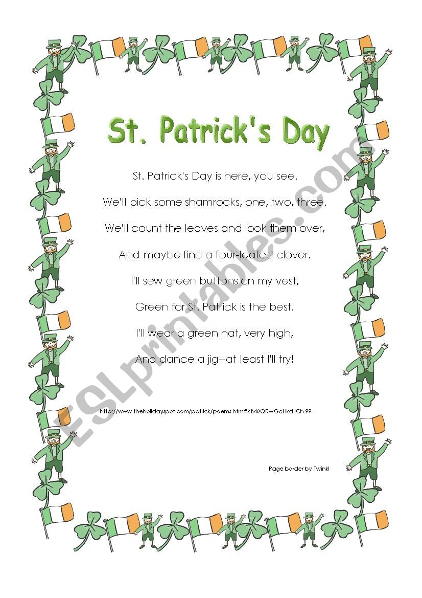St.Patricks day poem worksheet