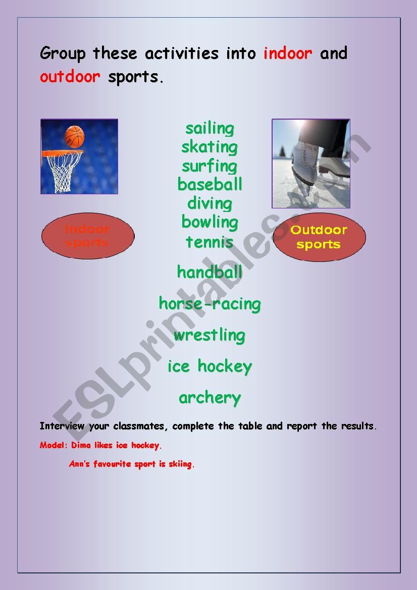 indoor and outdoor sports worksheet