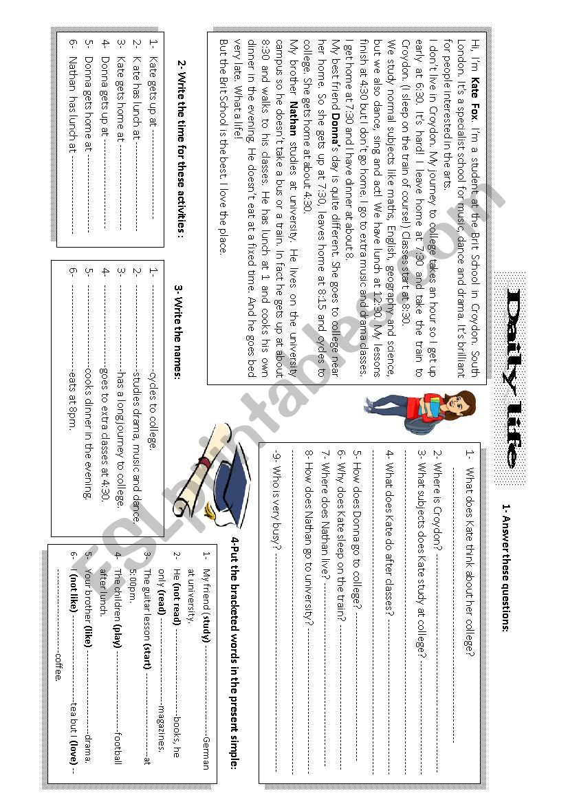  studentsdaily life  worksheet