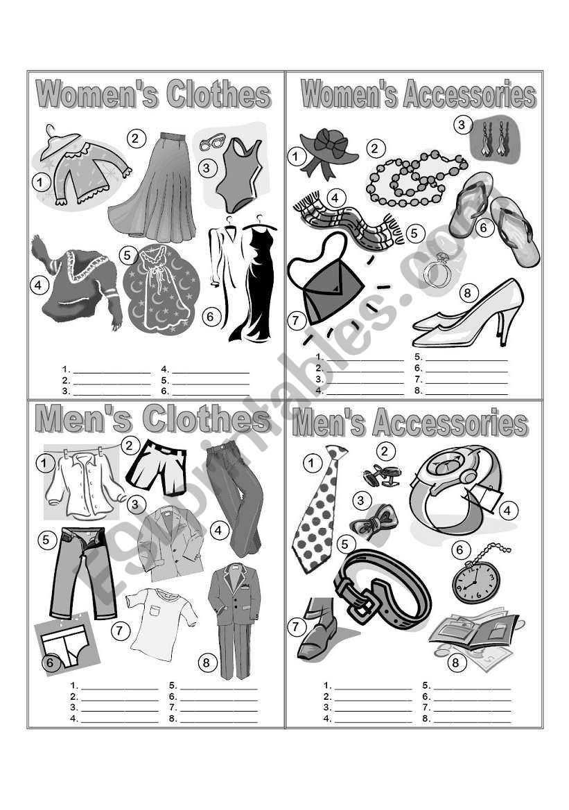 Clothes & Accessories Picture Dictionary Fill in the Blanks - Greyscale 06.08.08