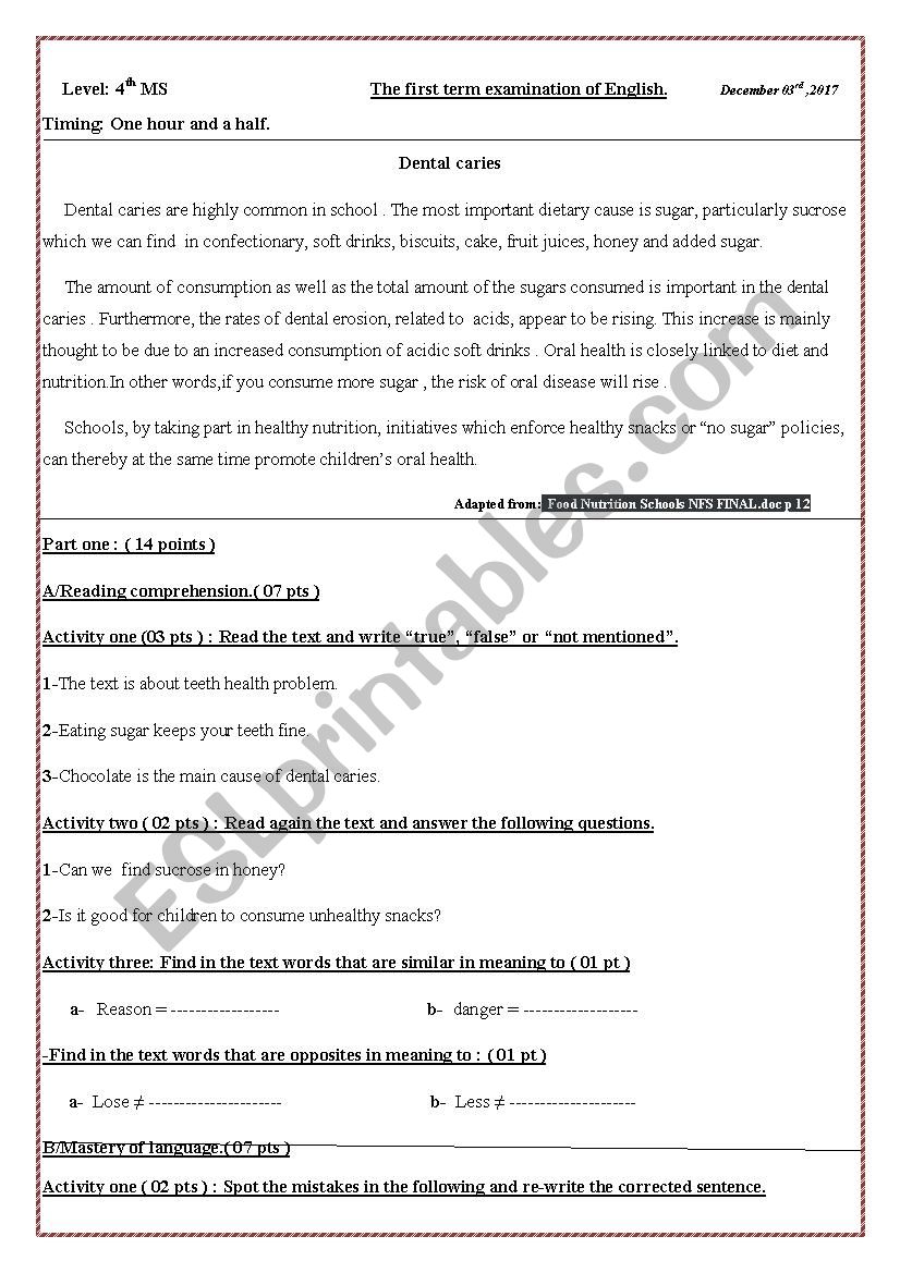 Dental caries worksheet