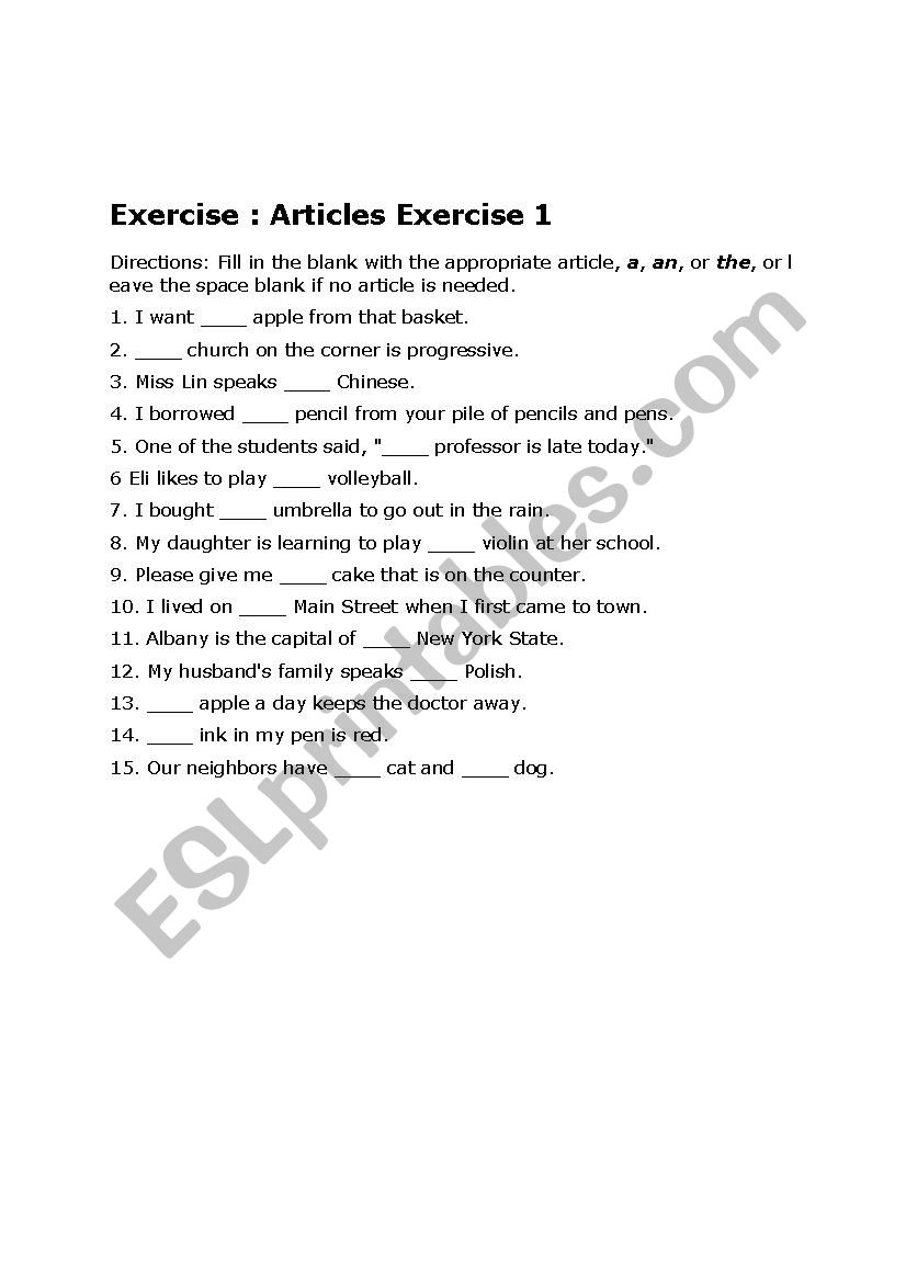 Article exercise with answers worksheet