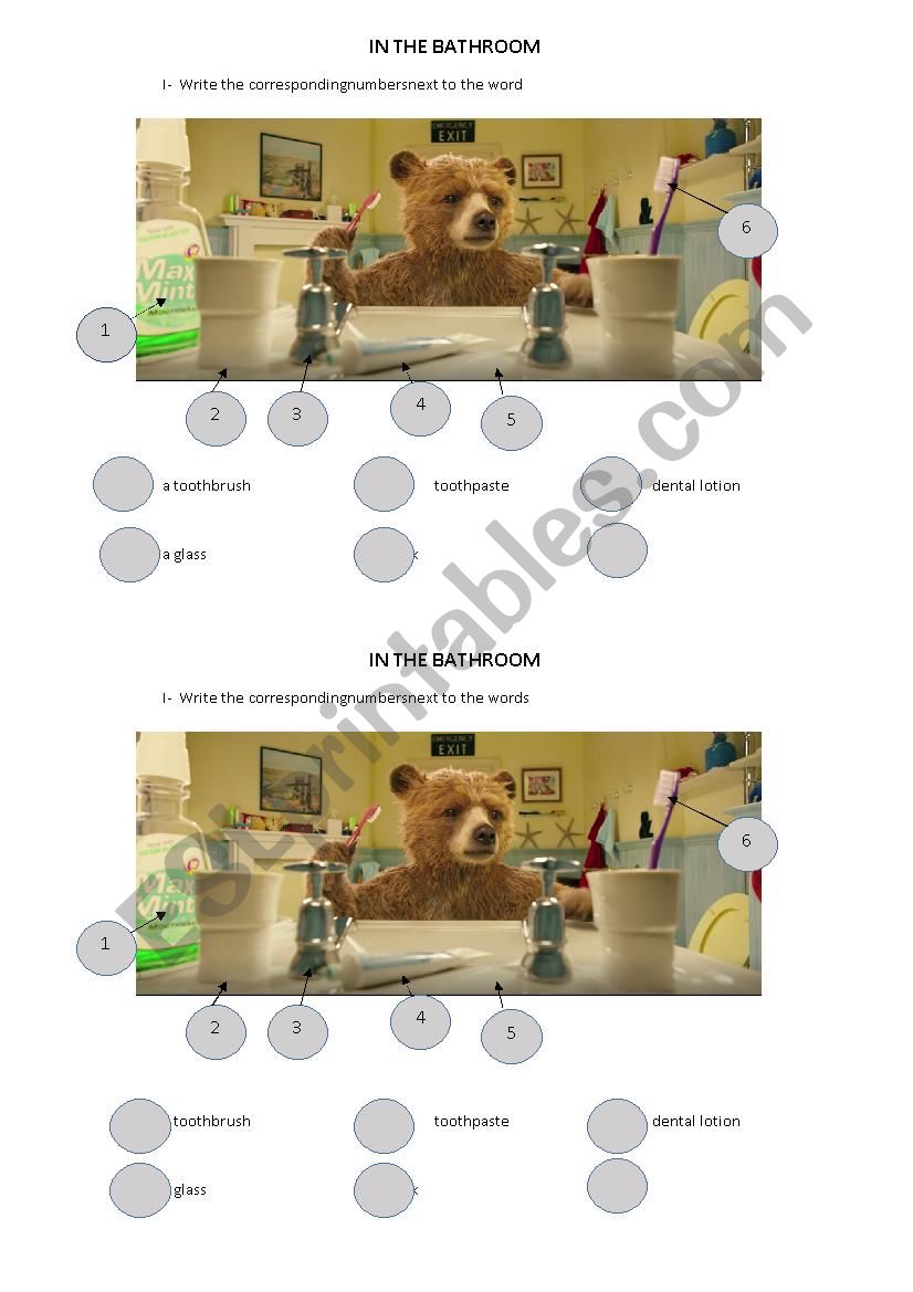 Paddington in the bathroom worksheet