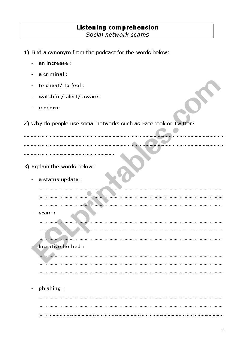 social network scams worksheet