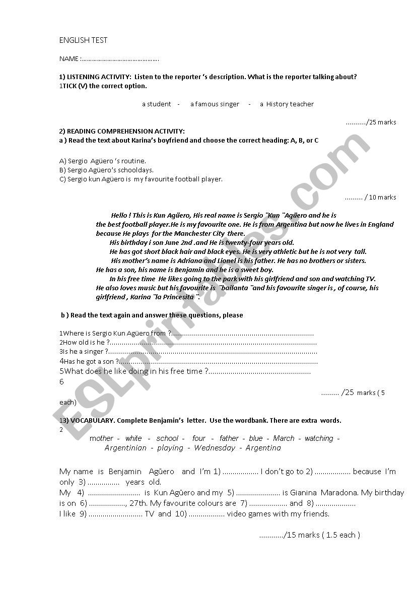 Reading and Listening Comprehension Worksheet