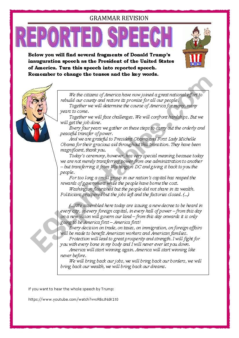 GRAMMAR REVISION - REPORTED SPEECH - STATEMENTS - Trumps speech