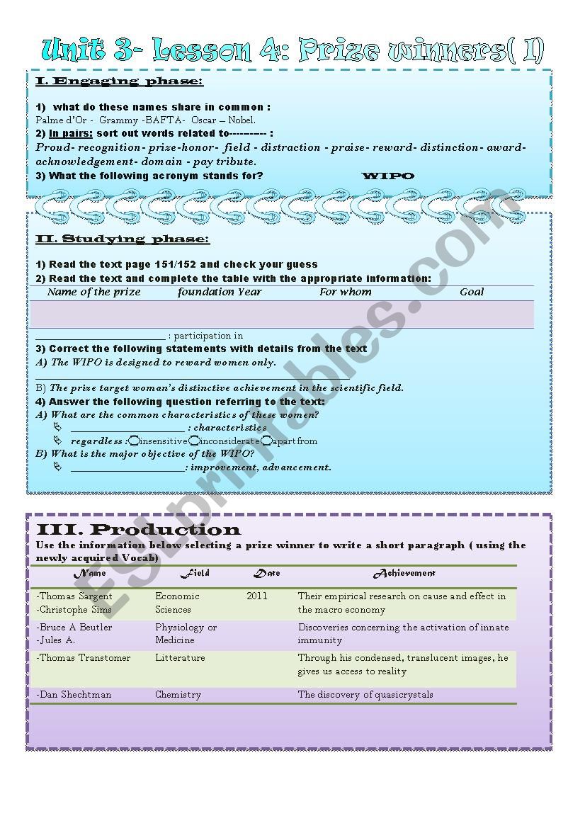 4th- Unit 3- Lesson 4 : prize winners(part1)