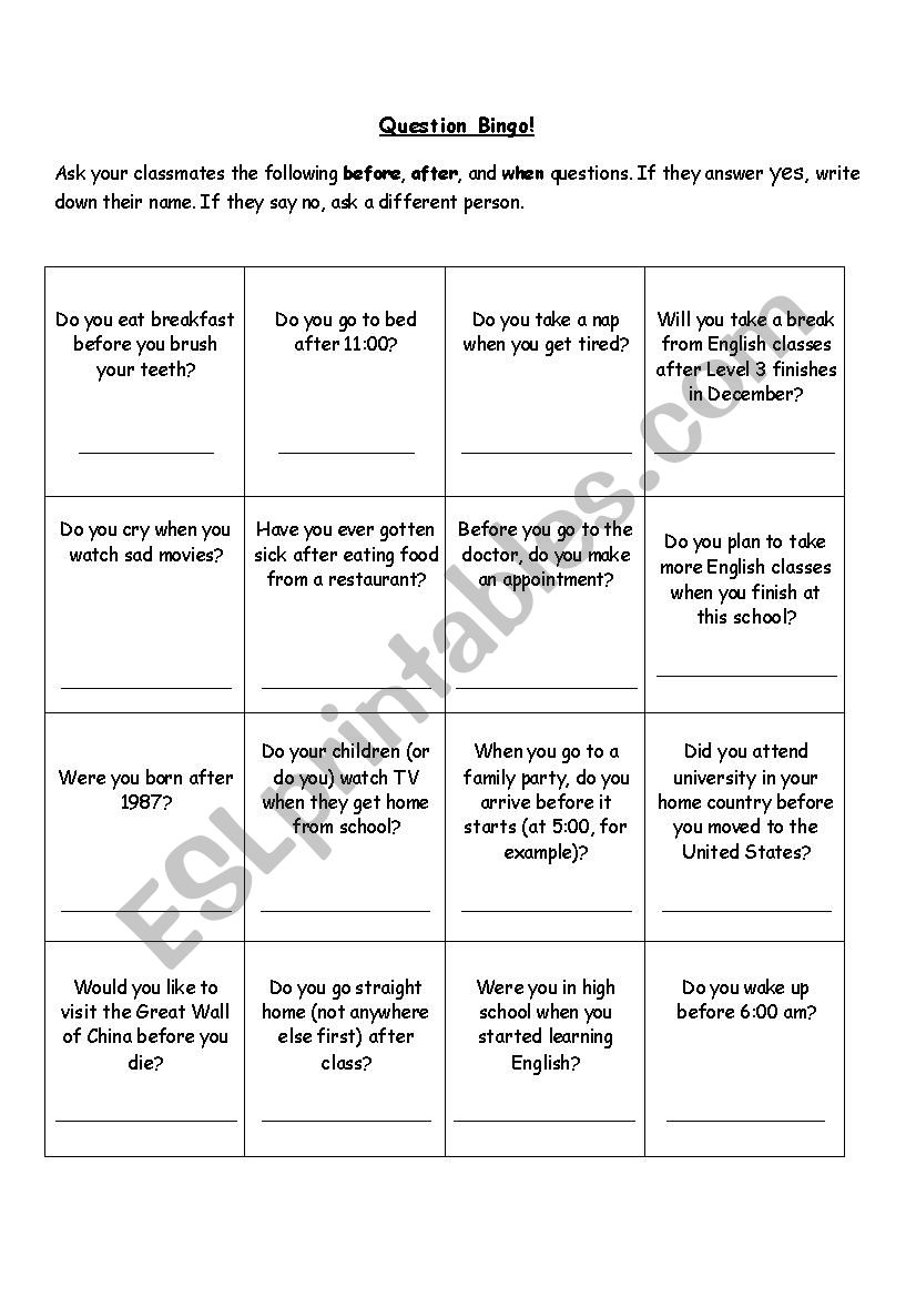 Question Bingo with Before, After, and When